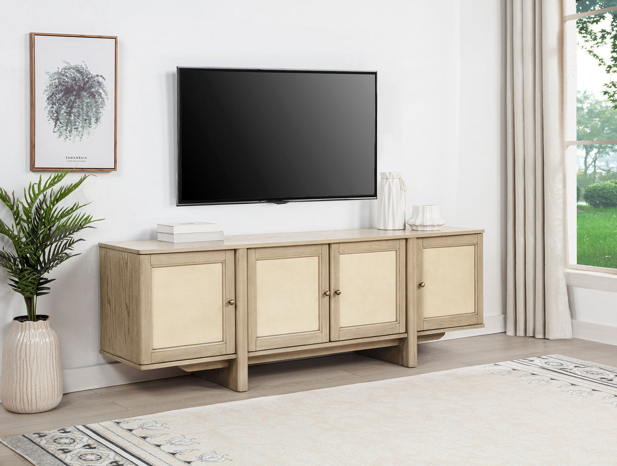 Kailani 79-Inch 4-Door Cane TV Stand, Beige Oak