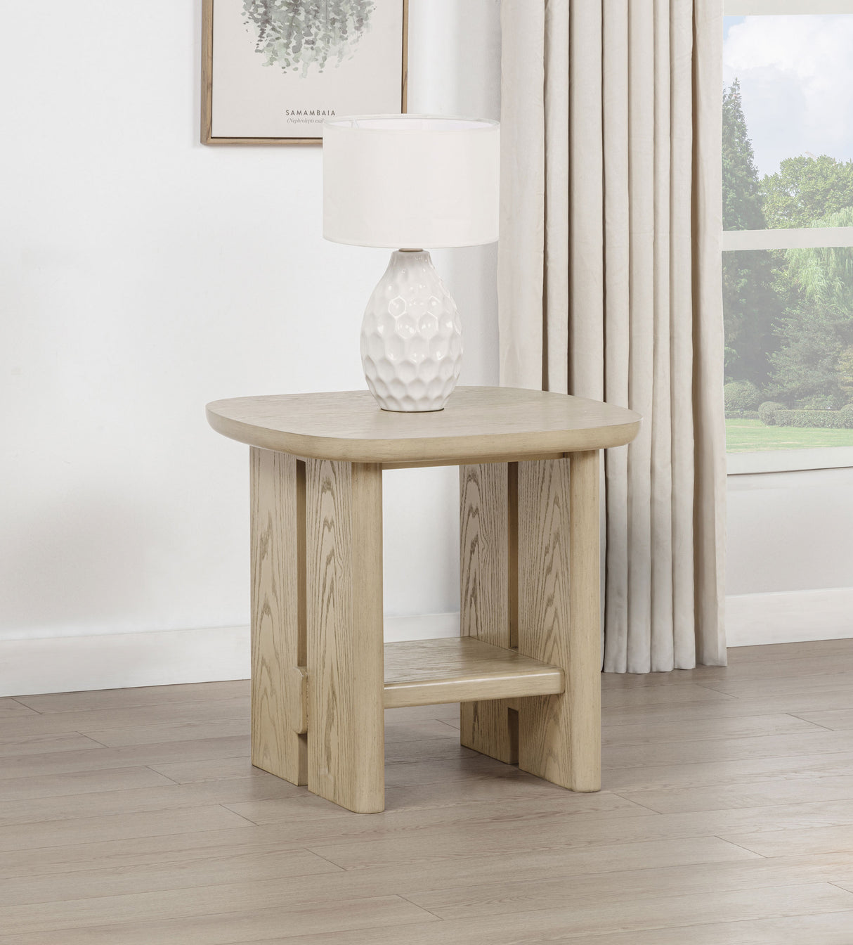 Kailani Coastal Square End Table with Shelf, Beige Oak