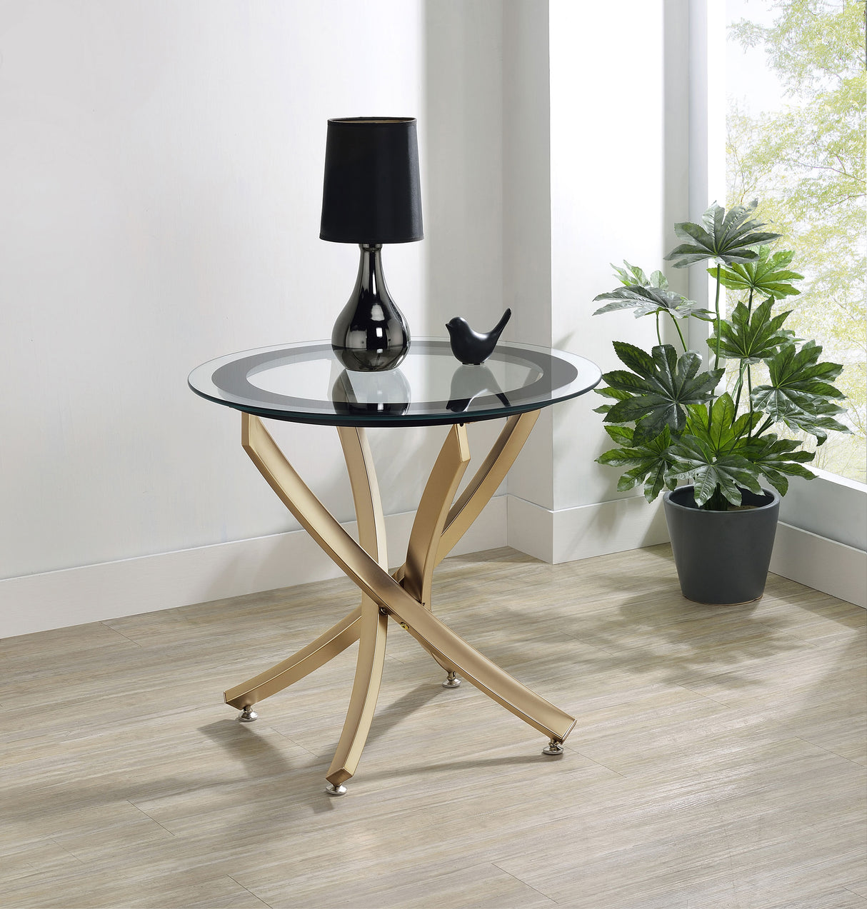 Brooke Round Glass Top Side Table with Rose Brass Metal Base