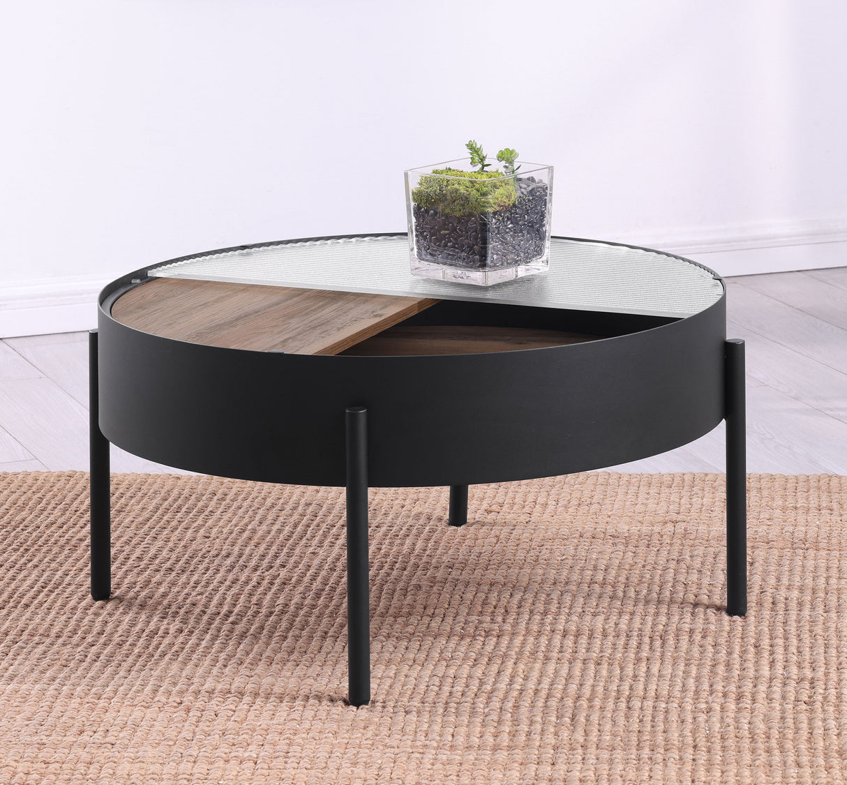 Ozella Round Coffee Table with Hidden Storage, Sandy Black