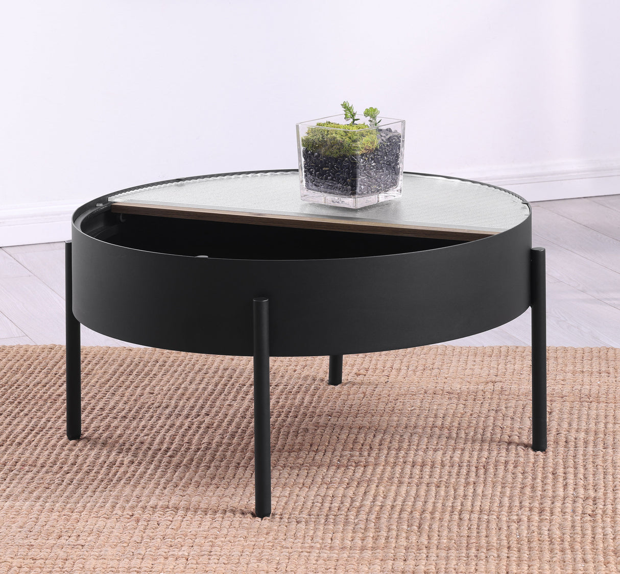 Ozella Round Coffee Table with Hidden Storage, Sandy Black