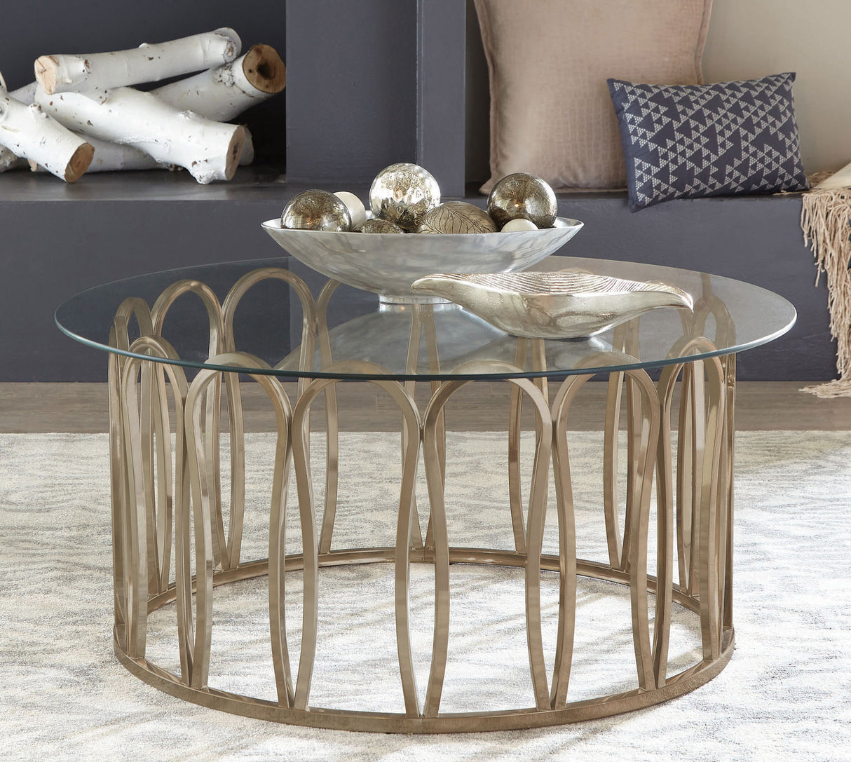 Monett Round Glass Top Coffee Table in Chocolate Chrome