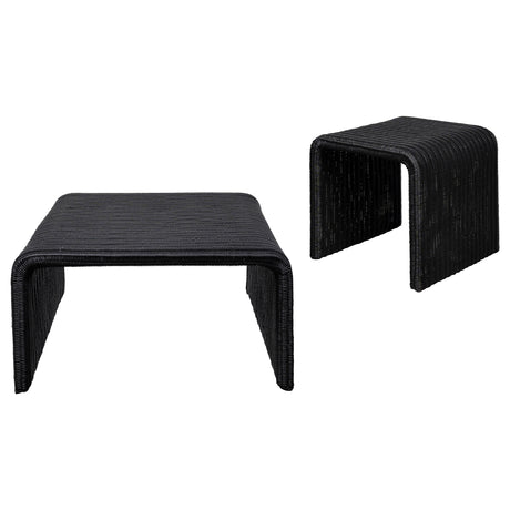 Cahya 2-Piece Rattan Coffee and End Table Set, Black