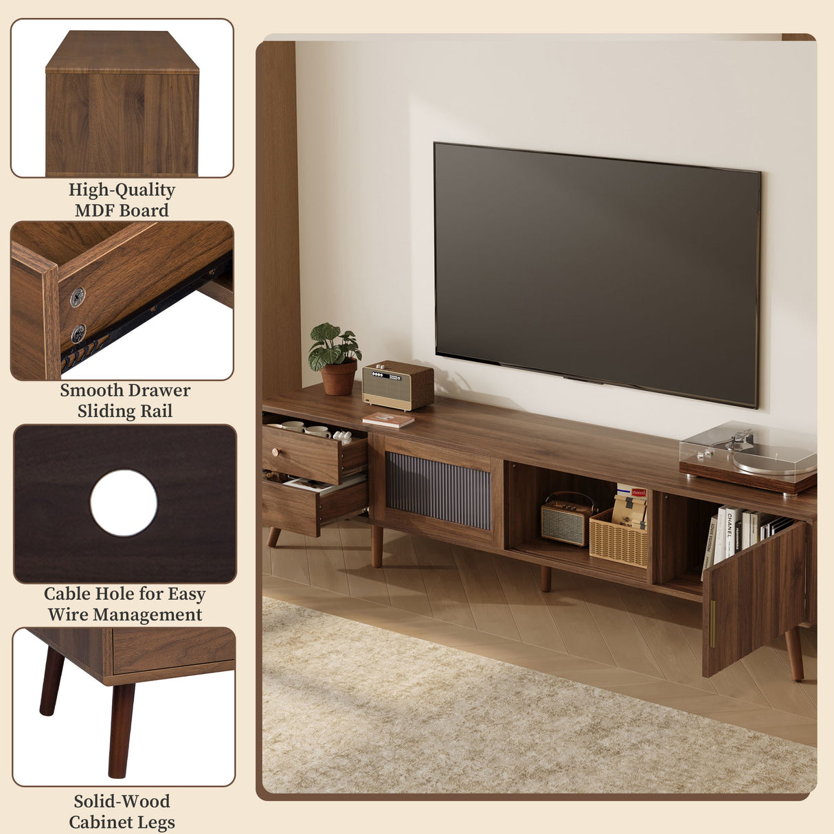 76" TV Stand, Entertainment Center With Storage Cabinets, TV Media Console Table For Living Room - Natural