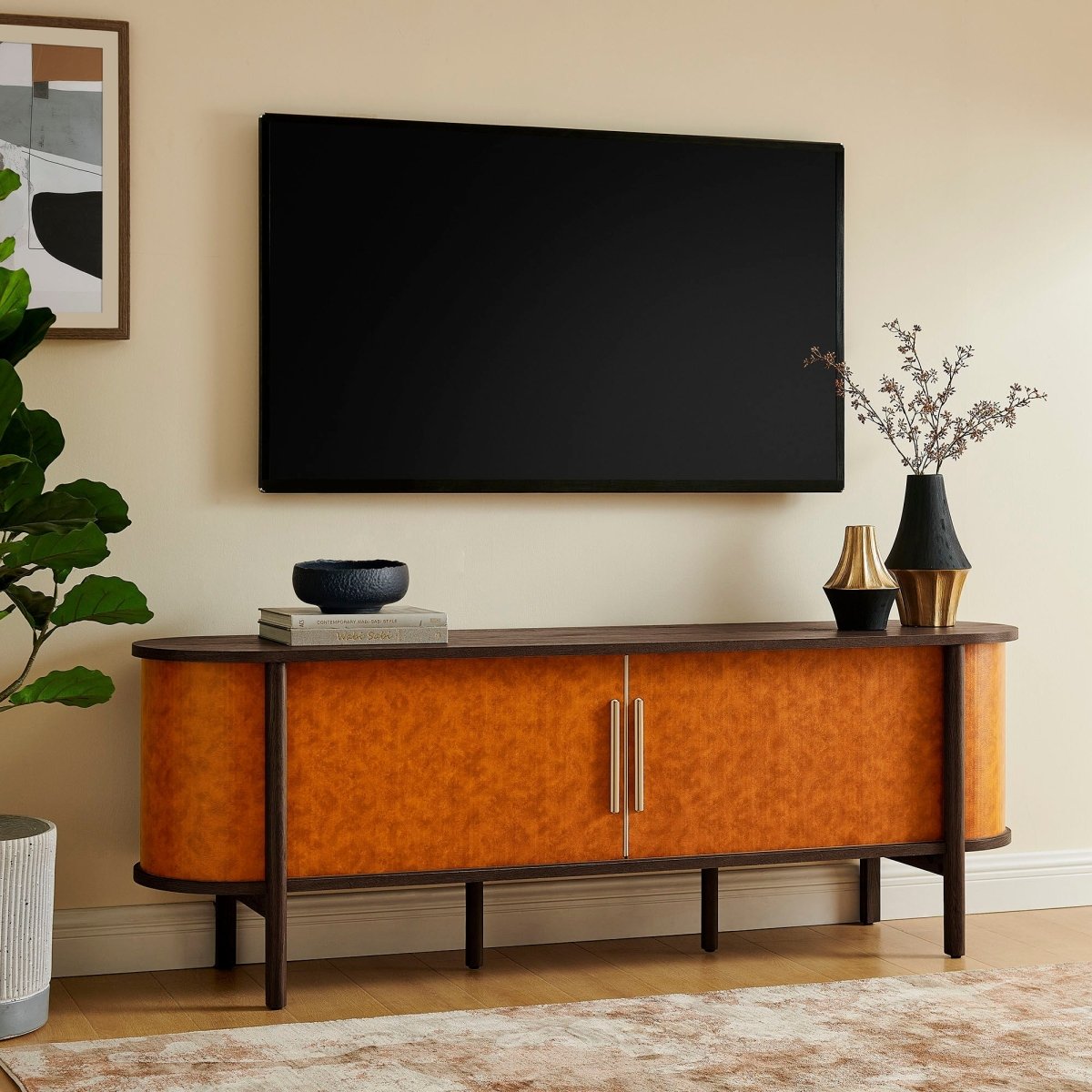 71 Inch Curved Vegan Leather Oval TV Stand in Walnut Tan - TV Stands available at Alpine Outlets in Denver