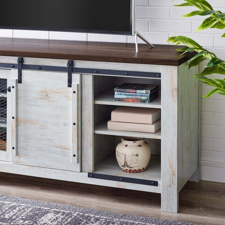 71 Inch Rustic Sliding Door TV Stand in White - TV Stands available at Alpine Outlets in Denver