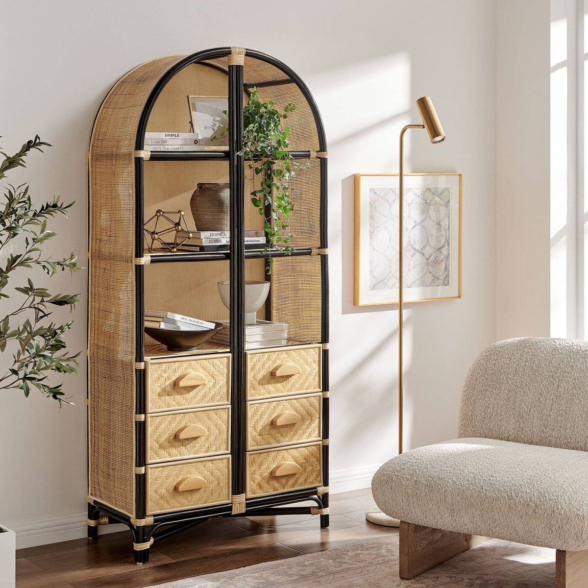 71" Tall Arched Natural Rattan Bookshelf with 6 Storage Drawers - Bookcases available at Alpine Outlets in Denver