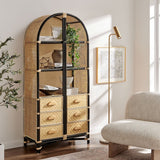 71" Tall Arched Natural Rattan Bookshelf with 6 Storage Drawers - Bookcases available at Alpine Outlets in Denver