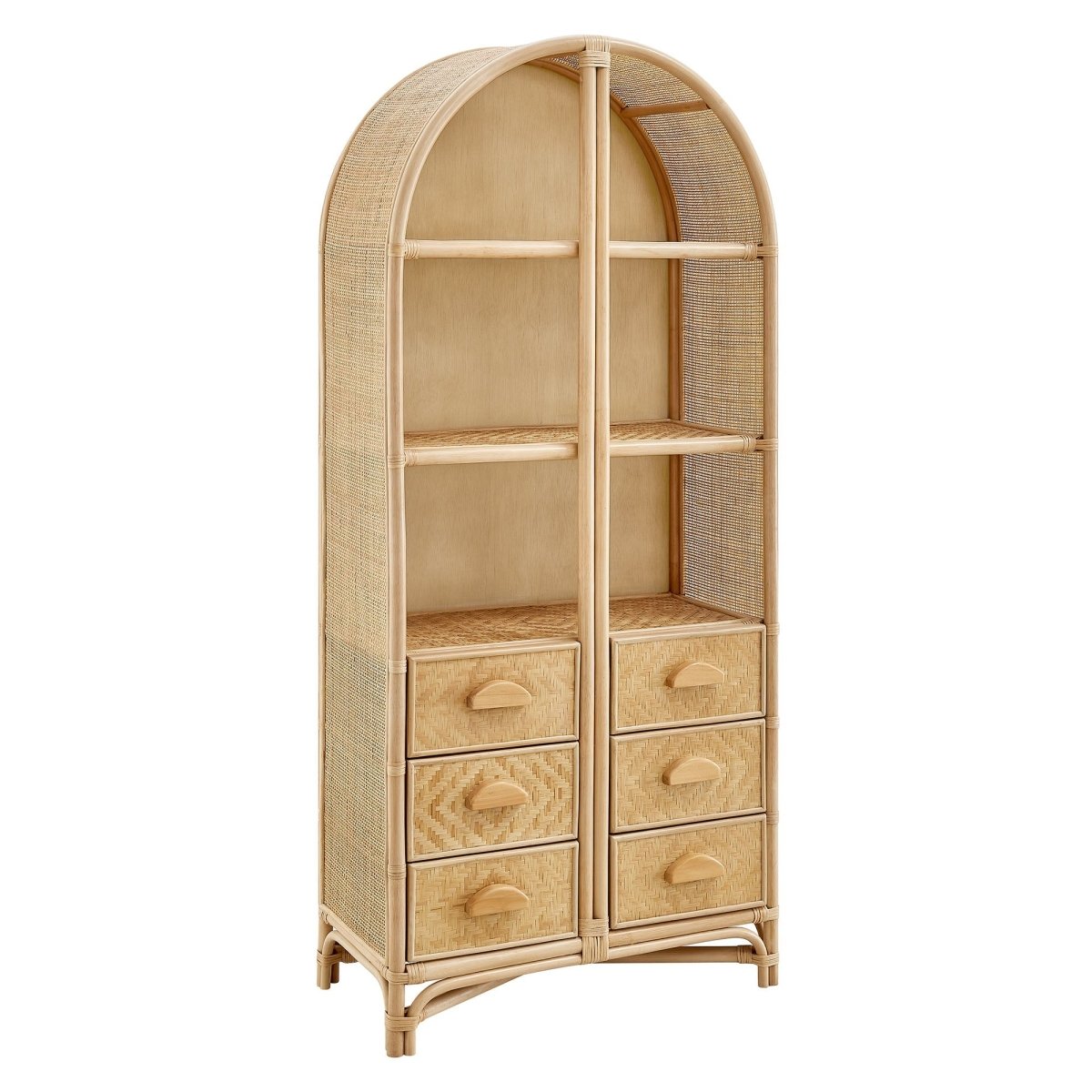 71" Tall Arched Natural Rattan Bookshelf with 6 Storage Drawers - Bookcases available at Alpine Outlets in Denver