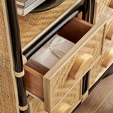 71" Tall Arched Natural Rattan Bookshelf with 6 Storage Drawers - Bookcases available at Alpine Outlets in Denver
