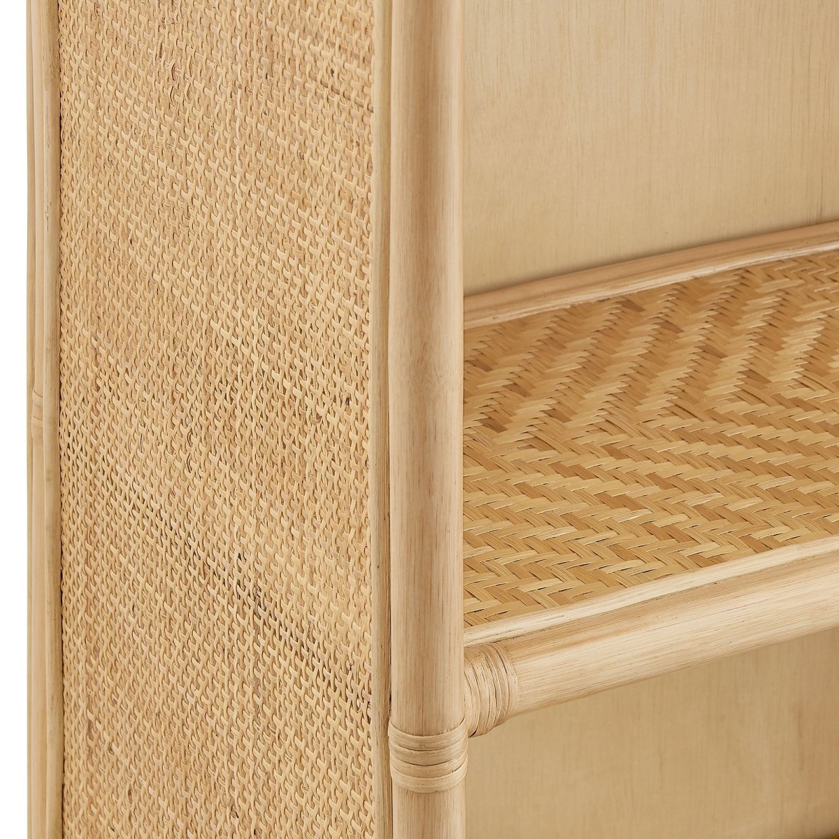 71" Tall Arched Natural Rattan Bookshelf with 6 Storage Drawers - Bookcases available at Alpine Outlets in Denver