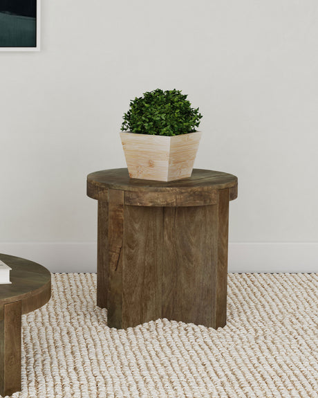 Kinkaid Round Solid Mango Wood End Table, Brown