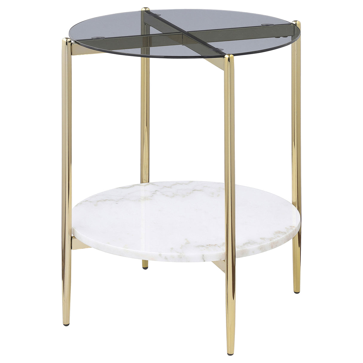 Jonelle Round Glass Top End Table with White Marble Shelf