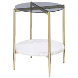 Jonelle Round Glass Top End Table with White Marble Shelf
