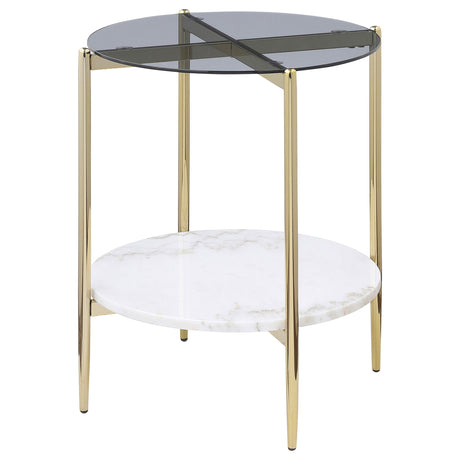 Jonelle Round Glass Top End Table with White Marble Shelf