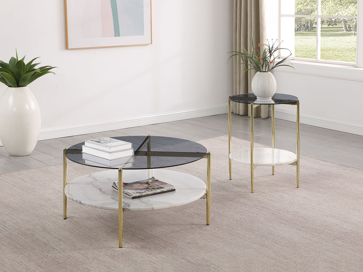 Jonelle Round Glass Top End Table with White Marble Shelf