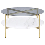 Jonelle Round Glass Top Coffee Table with White Marble Shelf