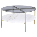 Jonelle Round Glass Top Coffee Table with White Marble Shelf