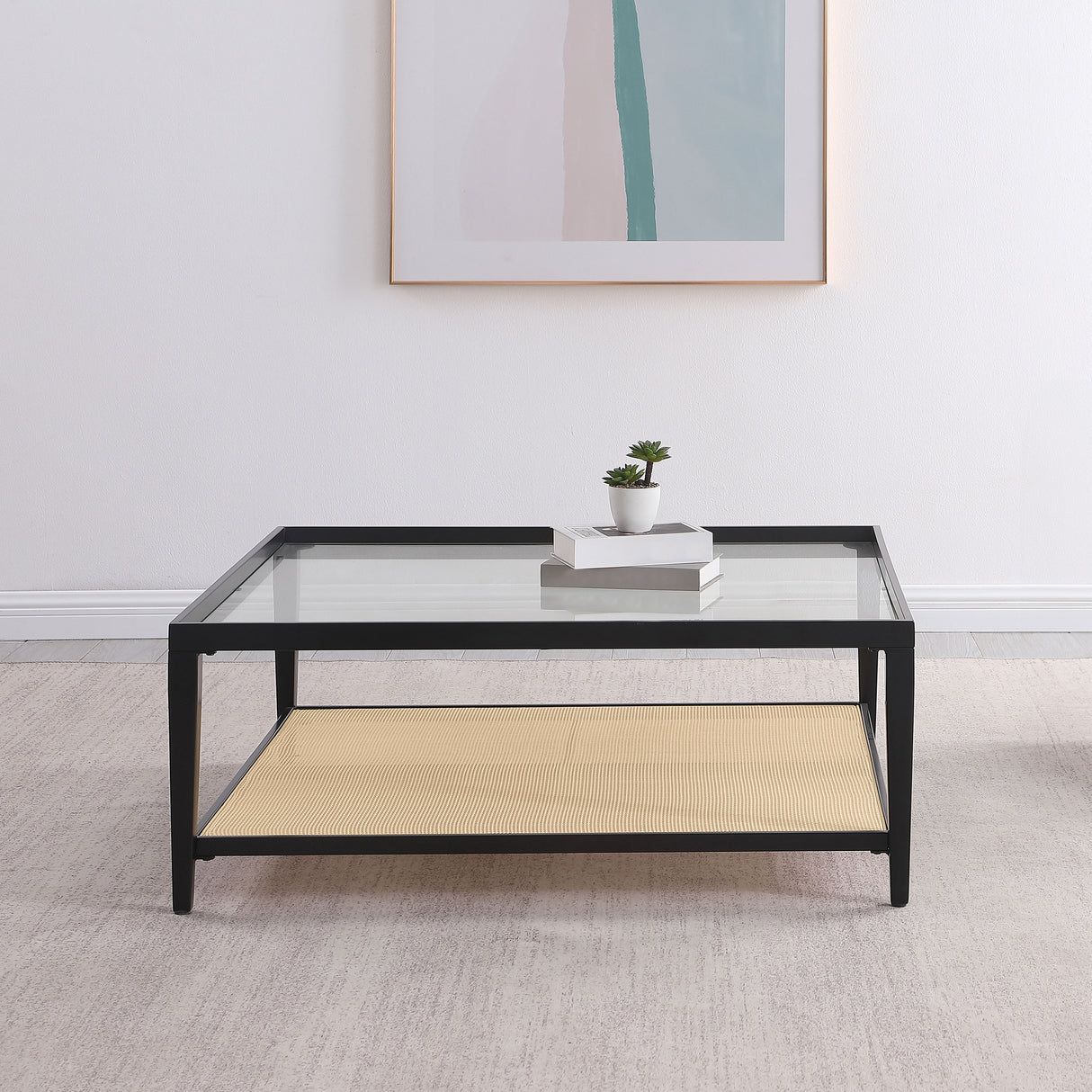 Amherst Glass Top Metal Coffee Table with Cane Shelf, Black