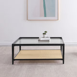 Amherst Glass Top Metal Coffee Table with Cane Shelf, Black