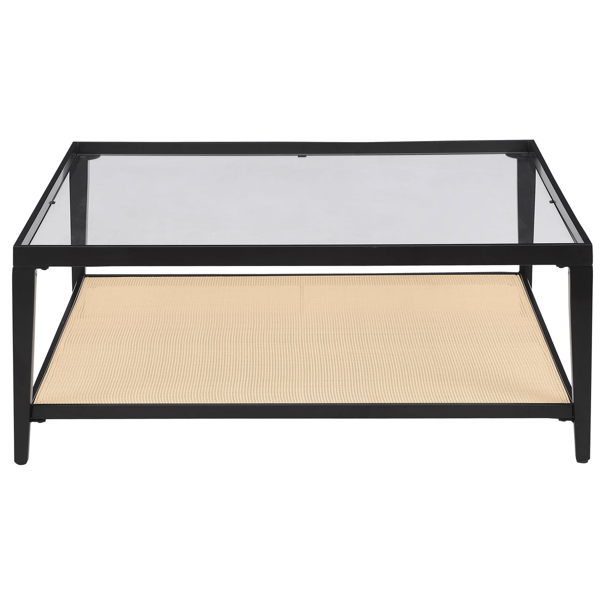 Amherst Glass Top Metal Coffee Table with Cane Shelf, Black