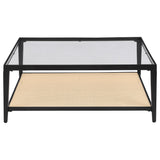 Amherst Glass Top Metal Coffee Table with Cane Shelf, Black