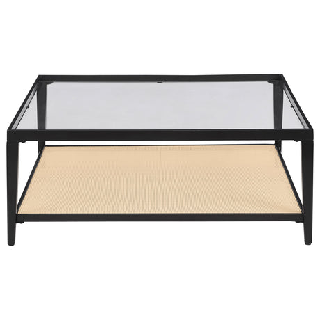 Amherst Glass Top Metal Coffee Table with Cane Shelf, Black