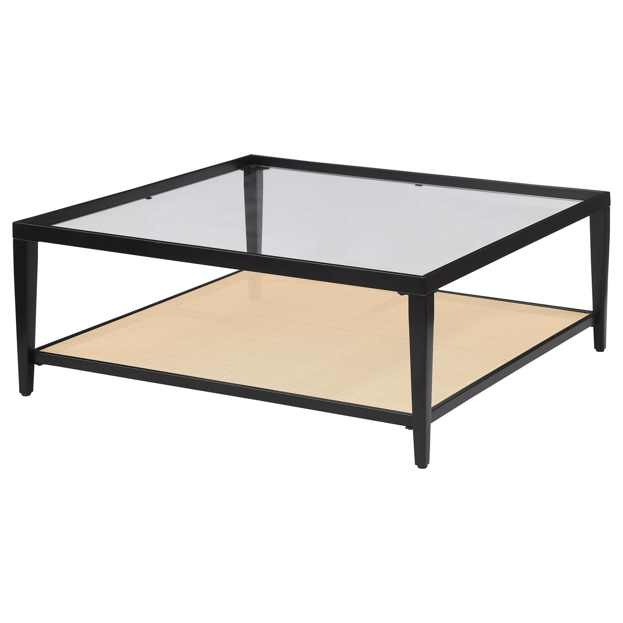 Amherst Glass Top Metal Coffee Table with Cane Shelf, Black