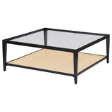 Amherst Glass Top Metal Coffee Table with Cane Shelf, Black