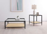 Amherst Glass Top Metal Coffee Table with Cane Shelf, Black