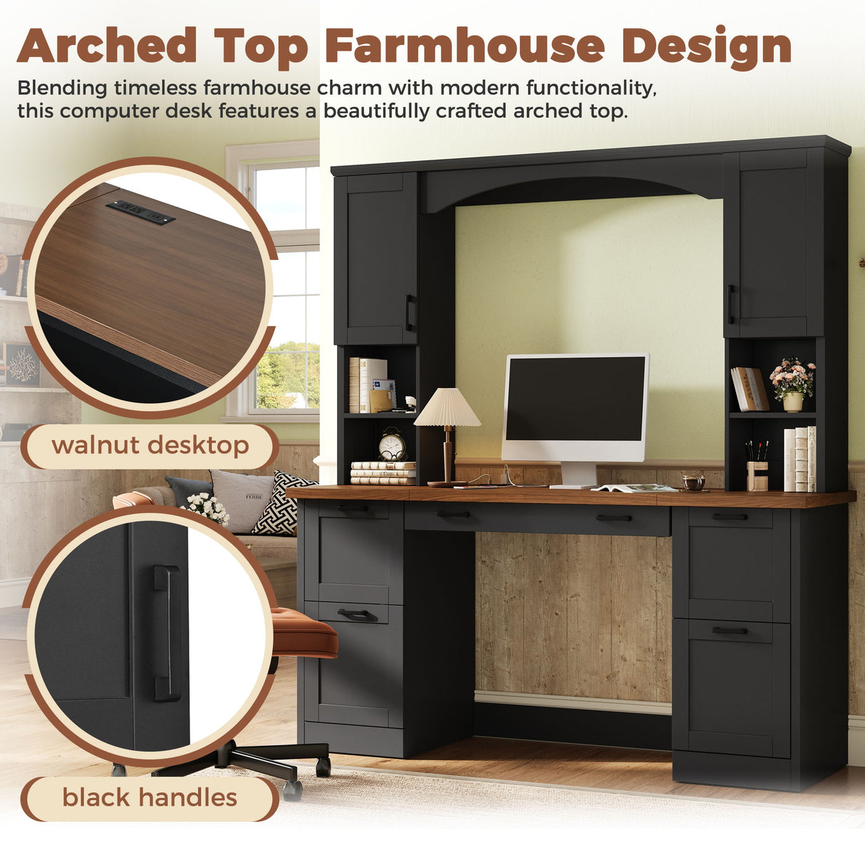 Farmhouse Computer Desk With Hutch