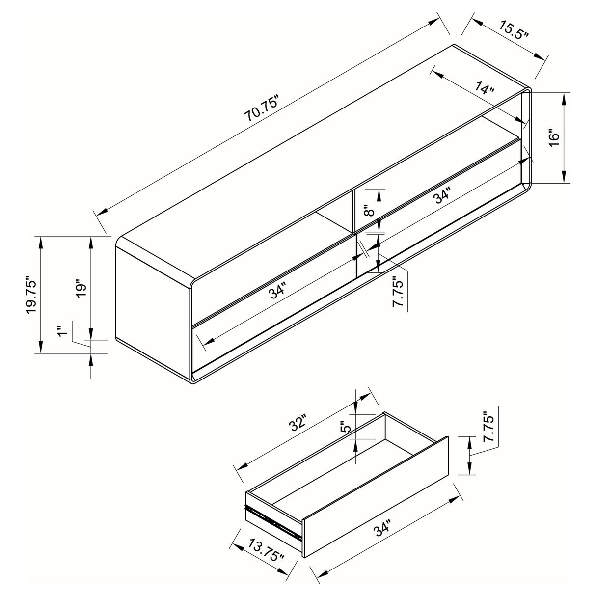 Ellice 71-Inch TV Stand Media Console, White High Gloss