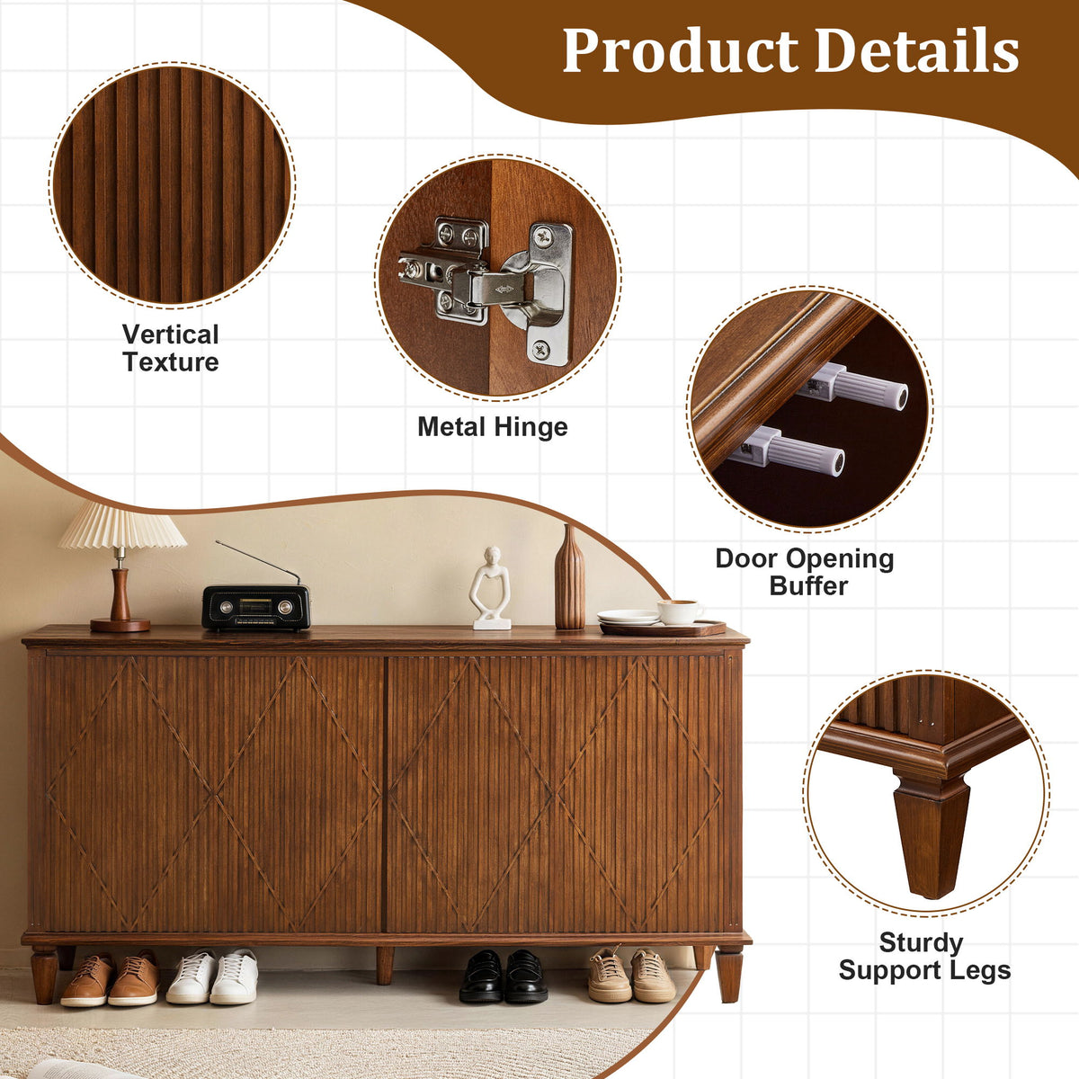 TV Stand With Carved Geometric Doors, Storage Cabinet For Living Room - Walnut