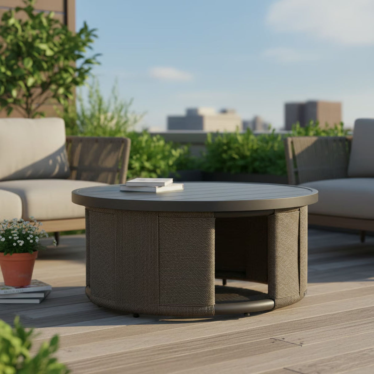 Brampton - Powder Coated Metal Round Outdoor Coffee Table With Aluminum Table Top - Gray