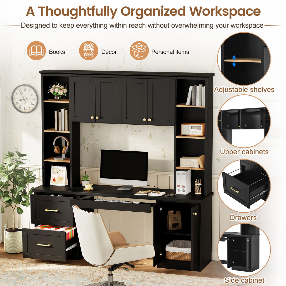 Computer Desk With Hutch, Workstation With Desk Grommet & Keyboard Tray