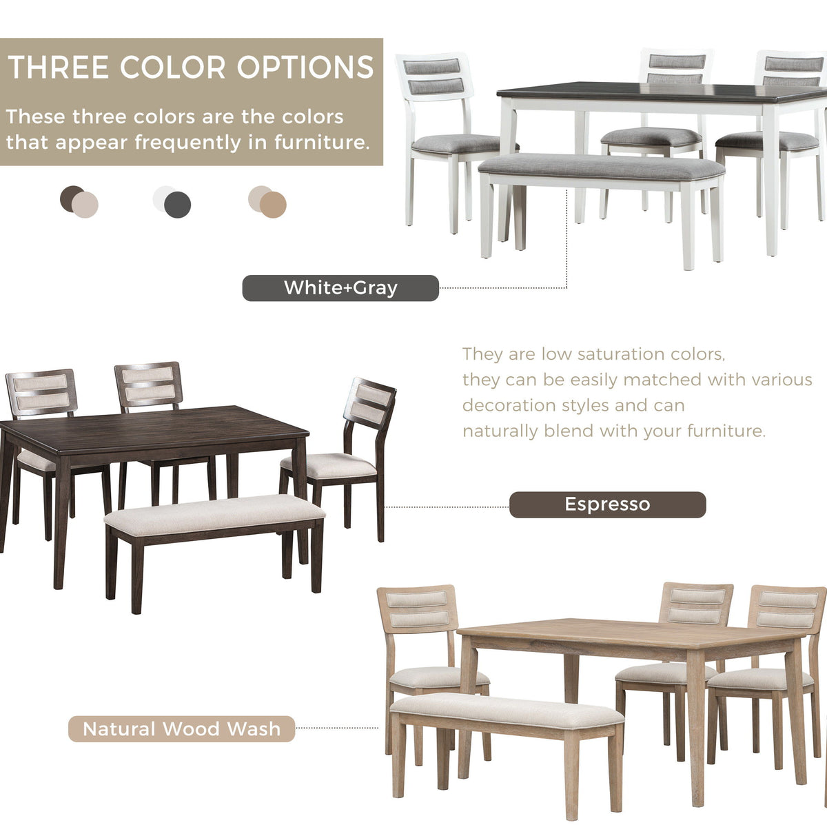 6 Piece Dining Set, Upholstered Chairs And Bench