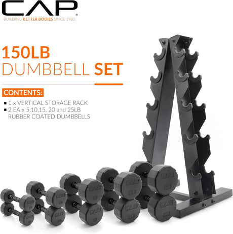 CAP 12-sided Rubber Dumbbell Set with Rack