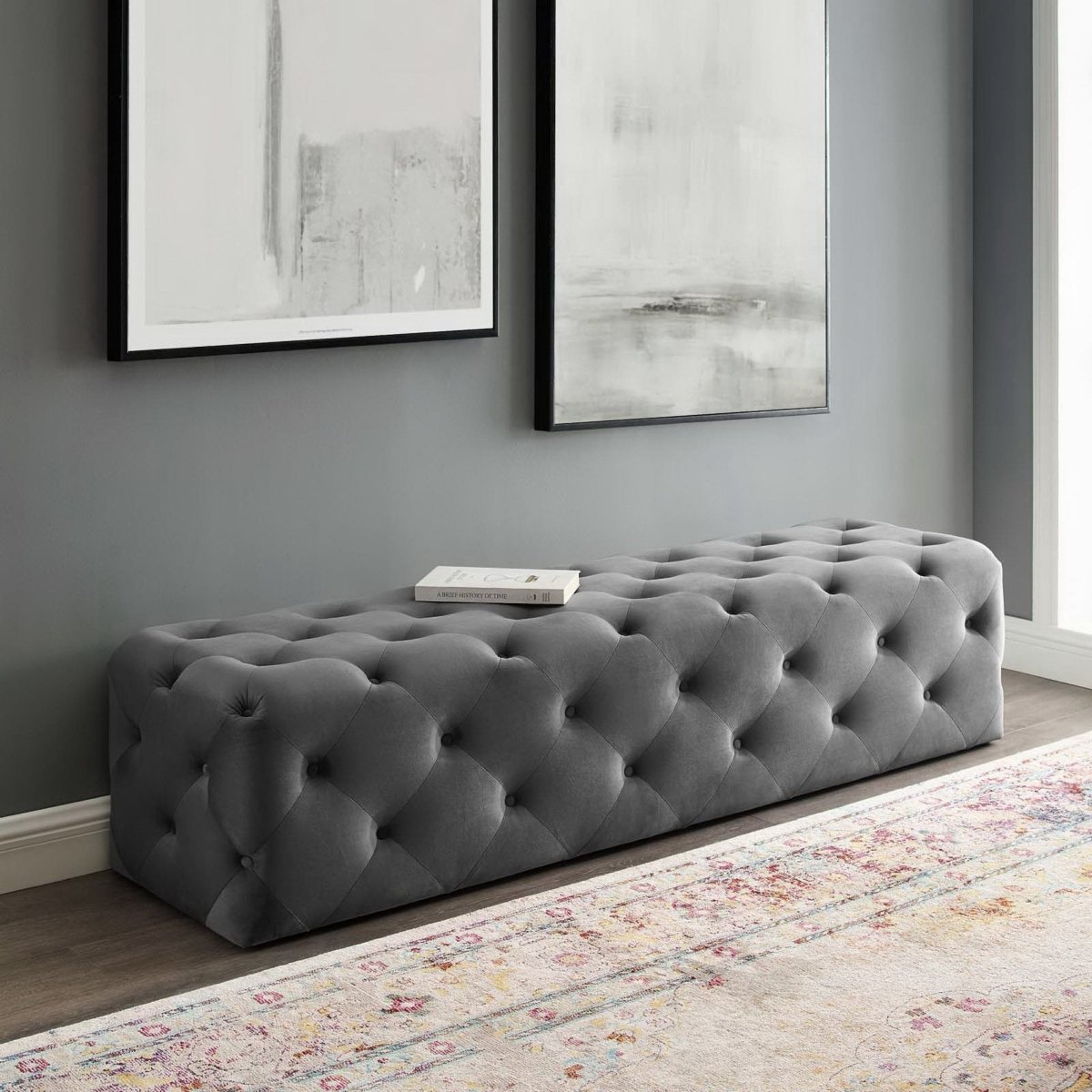 72 Inch Luxurious Tufted Button Performance Velvet Bench in Gray - Benches available at Alpine Outlets in Denver