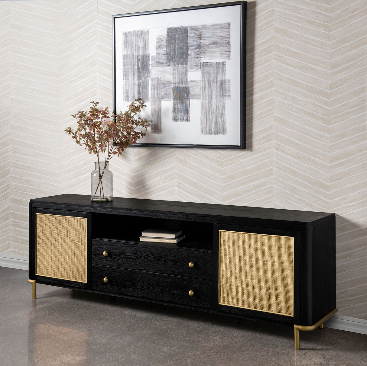 Arini Rattan Cane 2-Door TV Stand - Black with Ash Veneer
