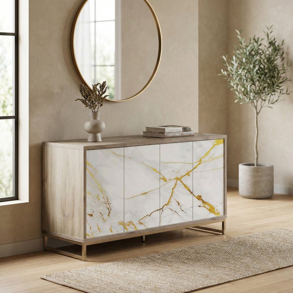 Console Cabinet Sideboard Storage Credenza with Metal Accents 65x30in White