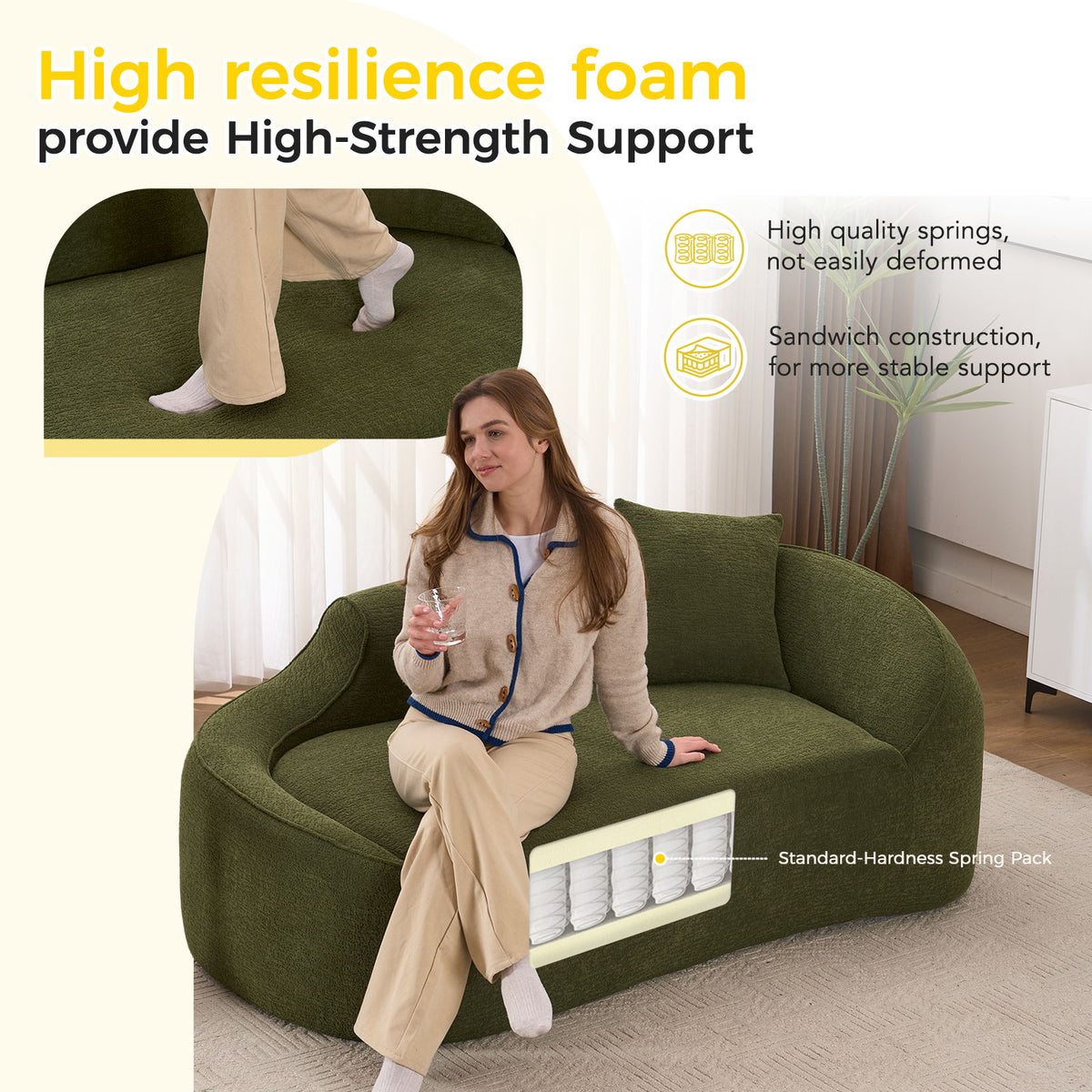 Compression Curved Chaise Longue Chair Indoor Loveseat Sofa Bed With Deep Seat And Pillow - Green