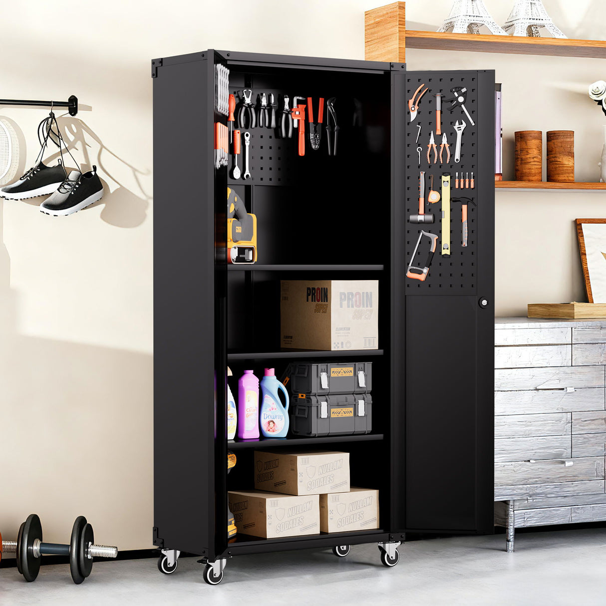 Garage Storage Cabinet With Wheels Heavy-Duty Tool Storage - Black