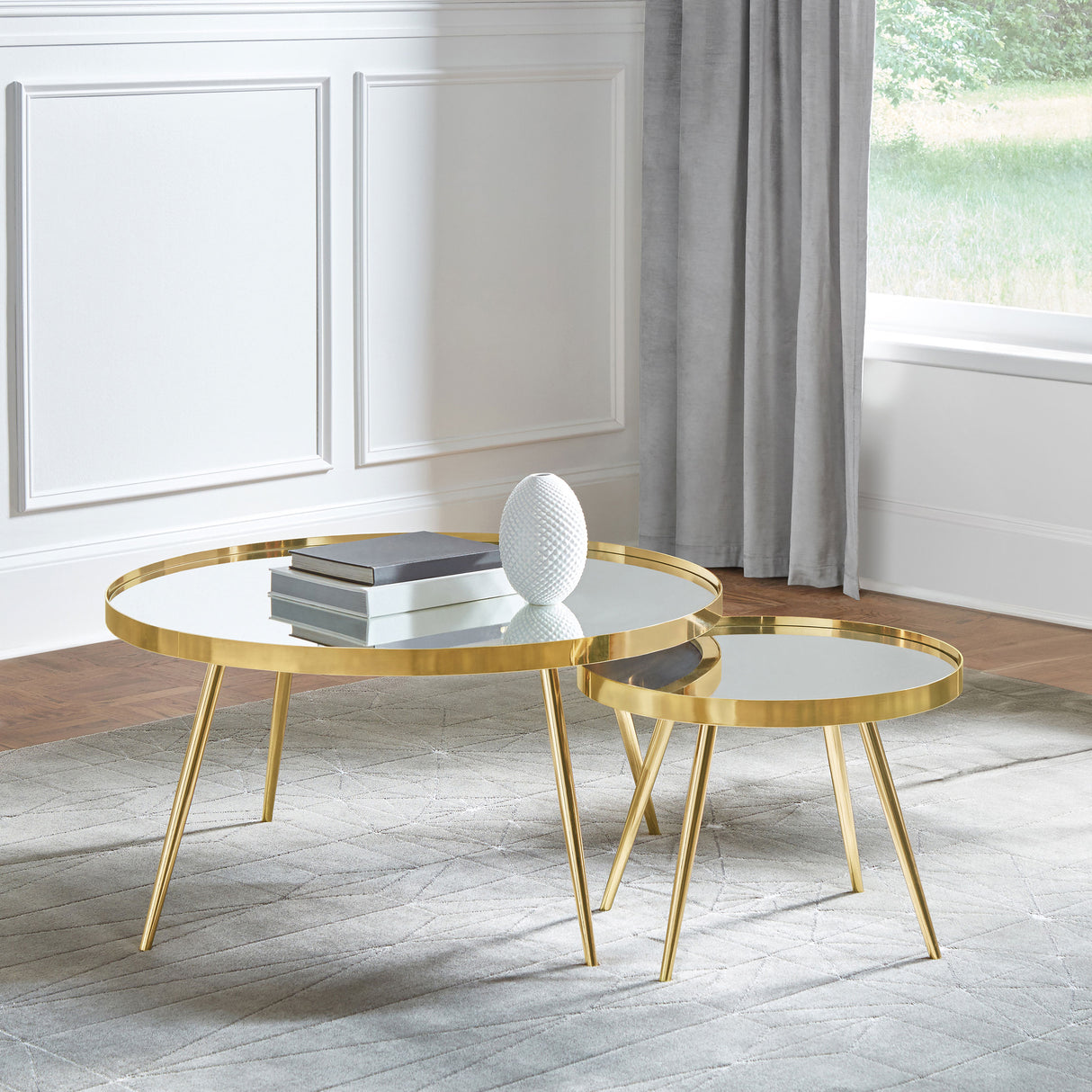 Kaelyn 2-Piece Round Mirror Top Nesting Coffee Table Gold