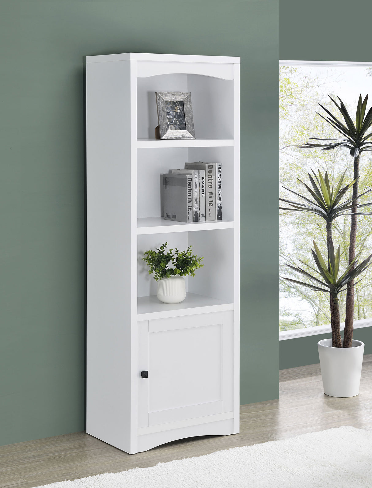Laughlin 4-Shelf White Media Tower with Cabinet Storage