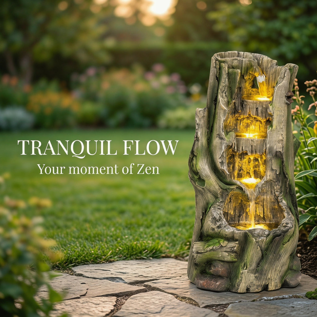 Outdoor Water Fountain, Tree Stump Cascading Fountain With Warm LED Lights - Earthy Yellow