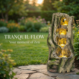 Outdoor Water Fountain, Tree Stump Cascading Fountain With Warm LED Lights - Earthy Yellow