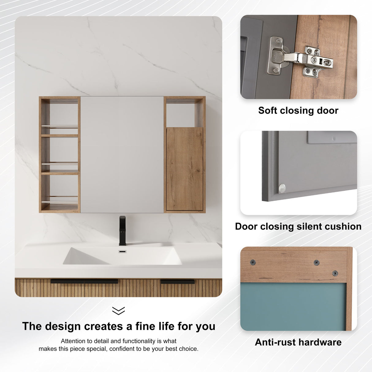 Wall Mounted Bathroom Mirror Cabinet, Adjustable Shelves Storage Cabinet - Imitative Oak