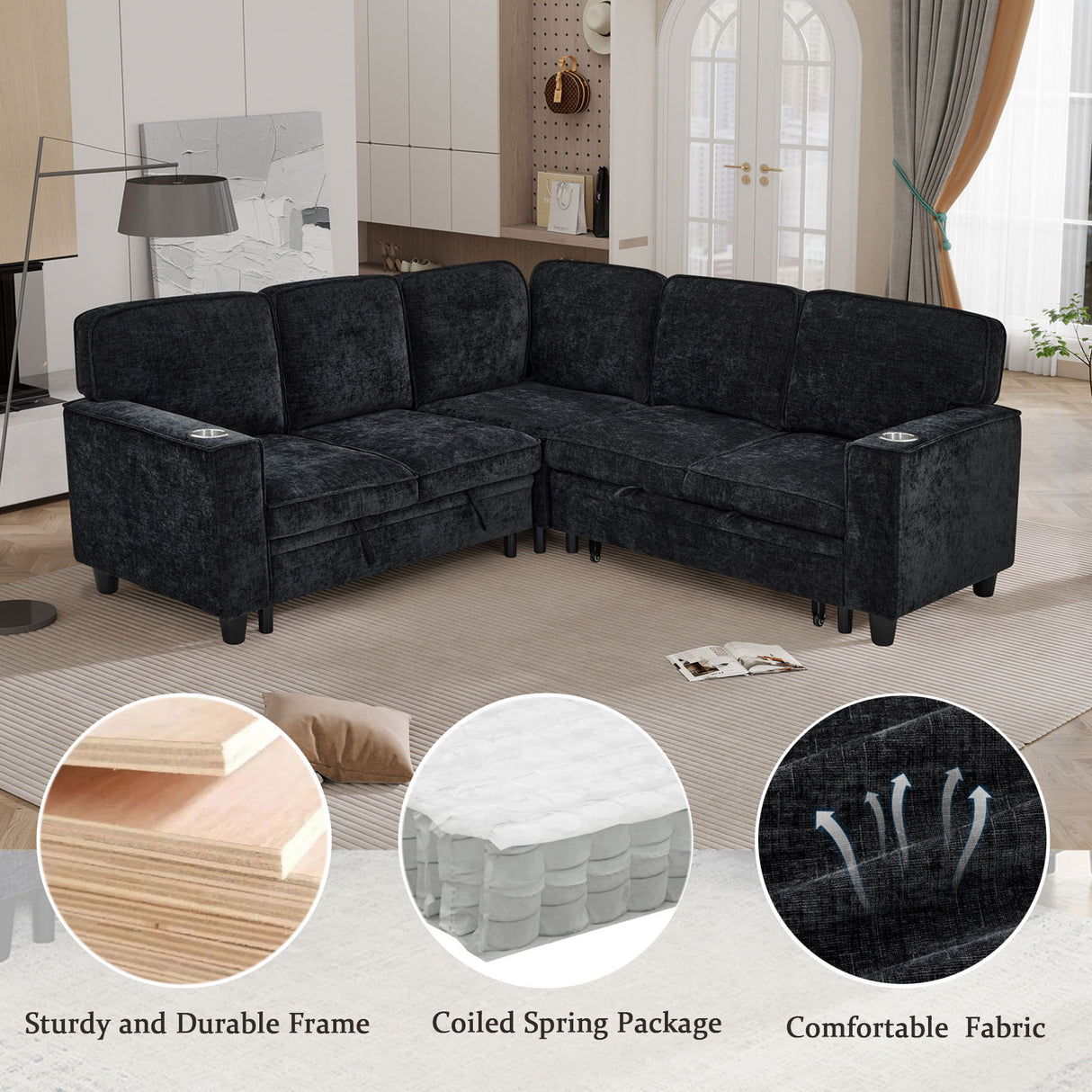 L-Shaped Sofa With Pull Out Sofa Bed With USB