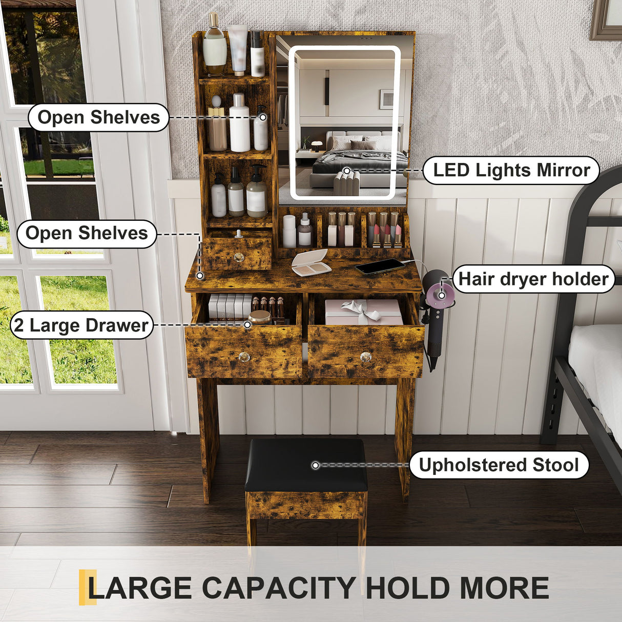 Modern Small Vanity Desk With 3 LED Lighting Modes, 3 Drawers