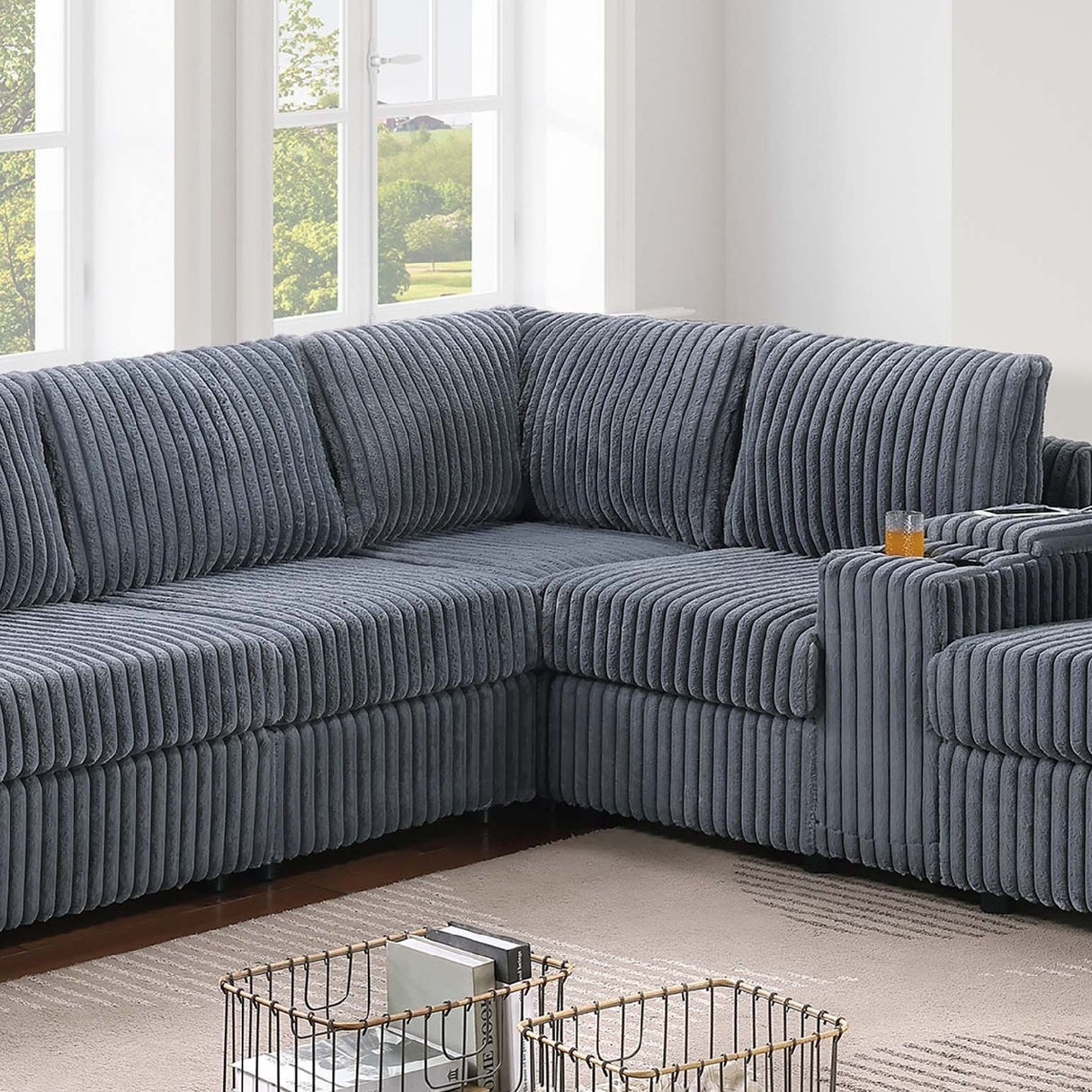 Modern Style L-Shape Sectional Set, USB Ports, Cup Holder